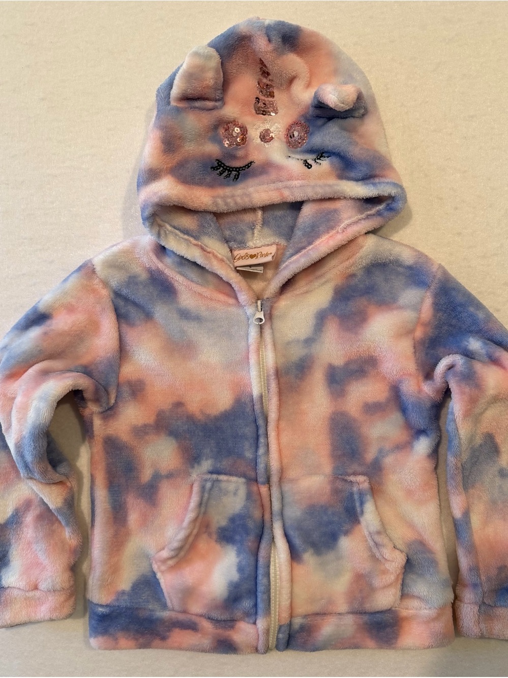Girls Pink Girls Pink Blue Tie-Dye Fleece Full Zip Hooded Unicorn Hoodie Size 5